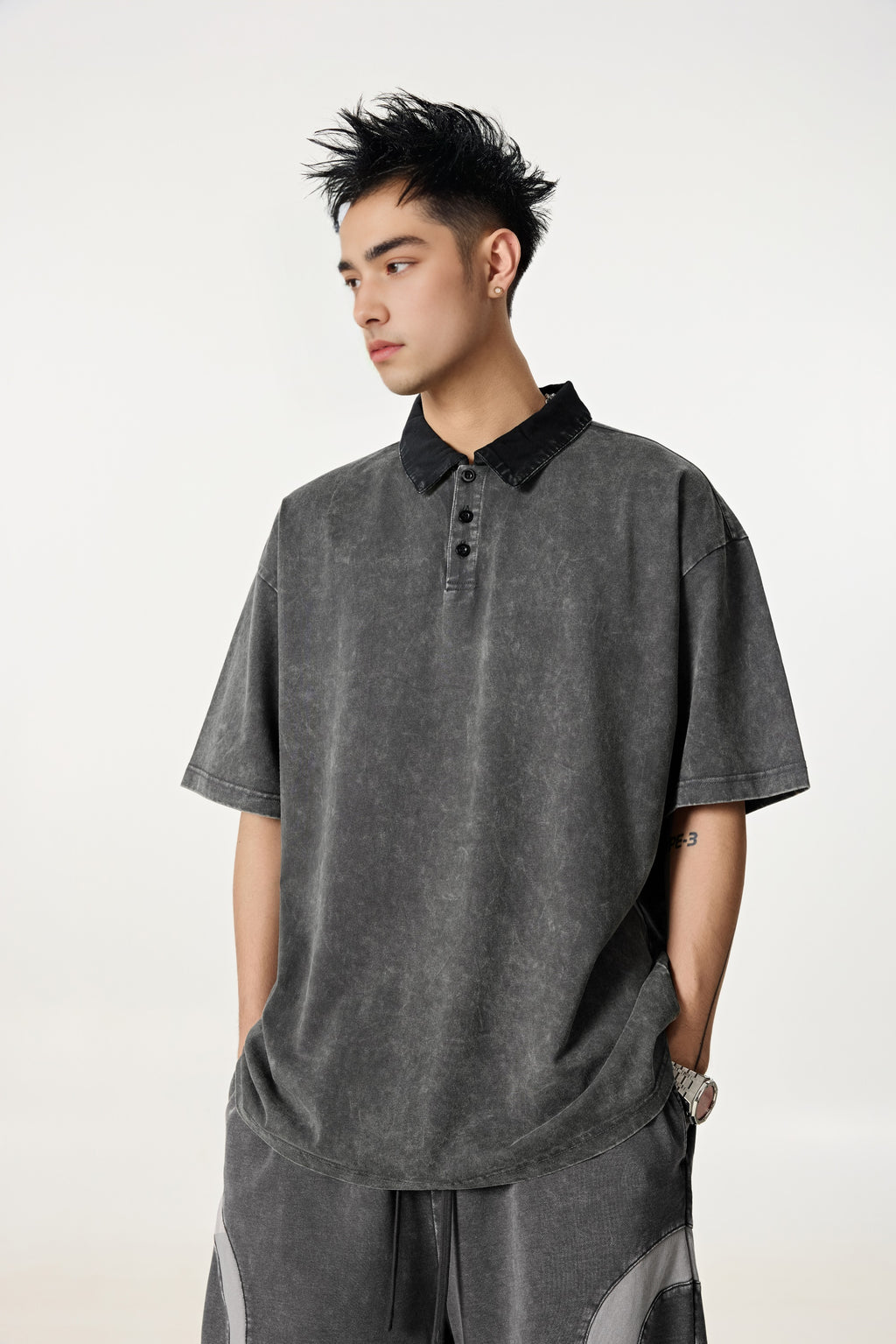 285GSM Unisex Vintage-Washed Unisex  100% Cotton Twill Polo T-Shirt Dark Grey Black
