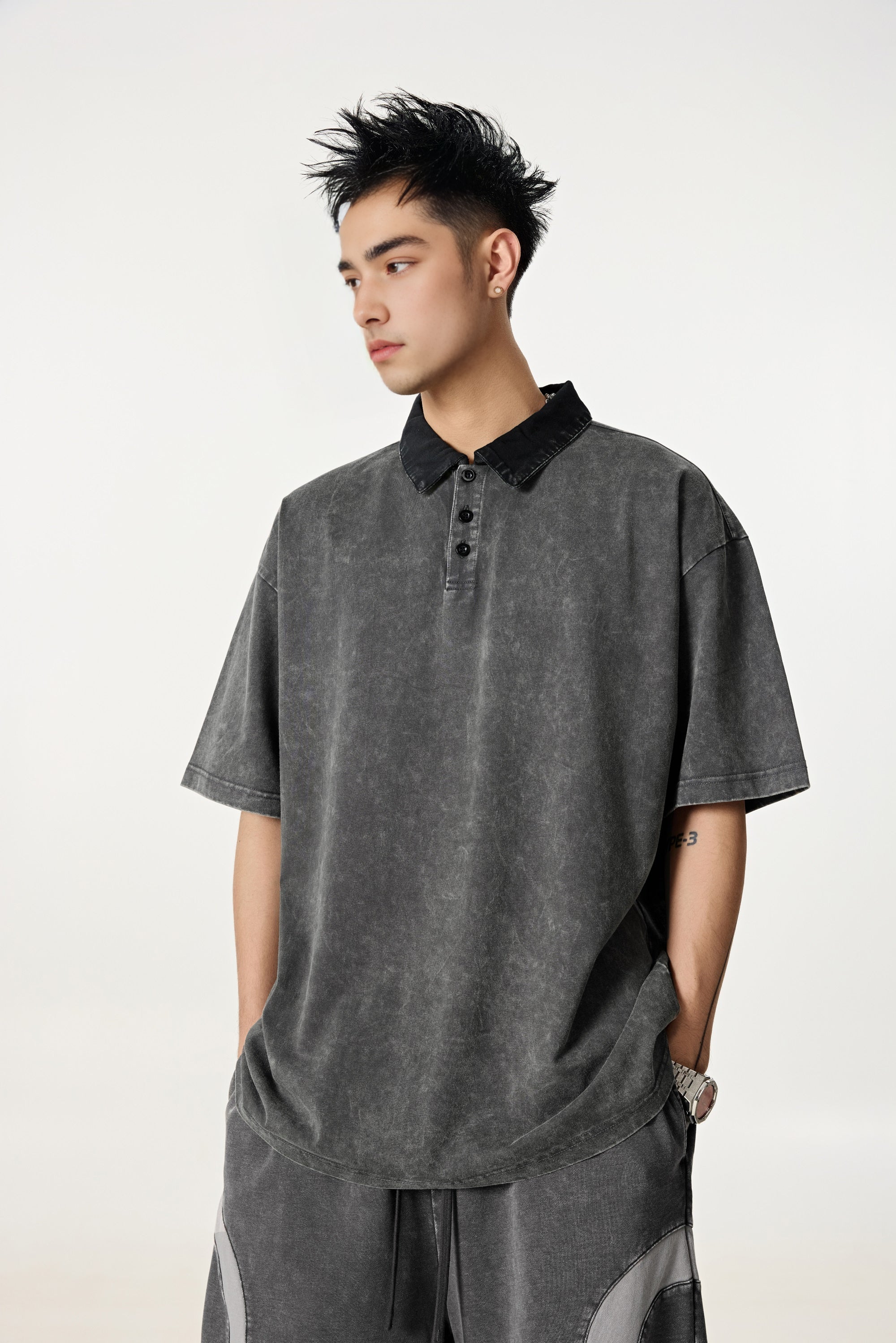 285GSM Unisex Vintage-Washed Unisex  100% Cotton Twill Polo T-Shirt Dark Grey Black
