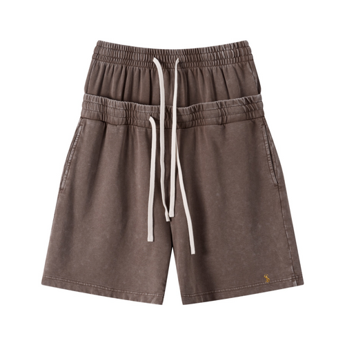 320GSM Heavyweight Cotton Slub Snow Wash Relaxed Fit Shorts Vintage Dark Brown