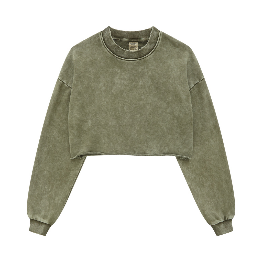 380GSM Women’s Heavyweight Distressed Snow-Wash Raw-Hem Cropped Long sleeve Olive green