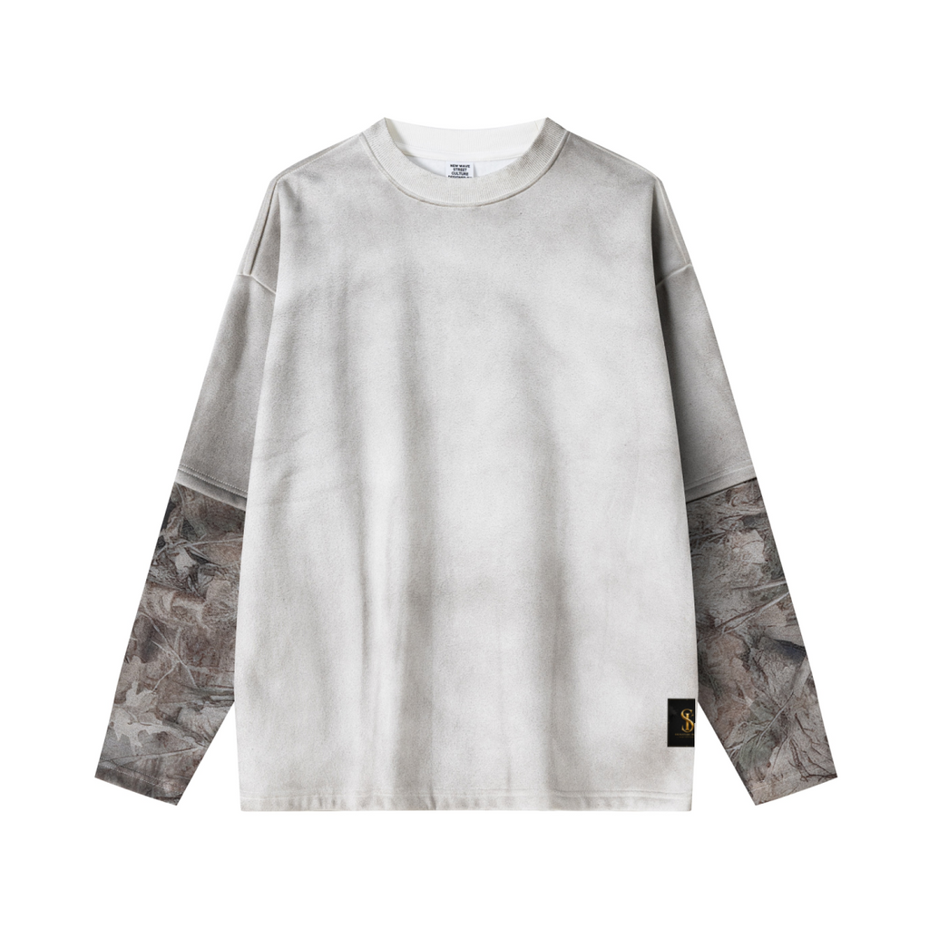 340GSM Unisex Heat-Transfer Desert Camouflage Faux-Two-Piece Long-Sleeve White