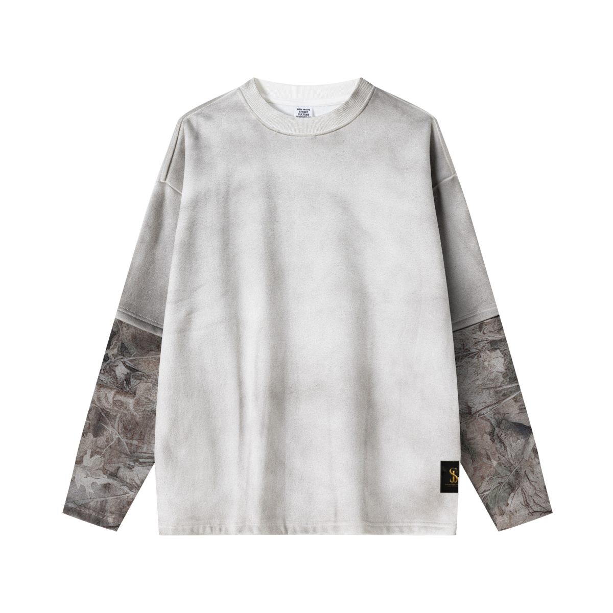 340GSM Unisex Heat-Transfer Desert Camouflage Faux-Two-Piece Long-Sleeve White